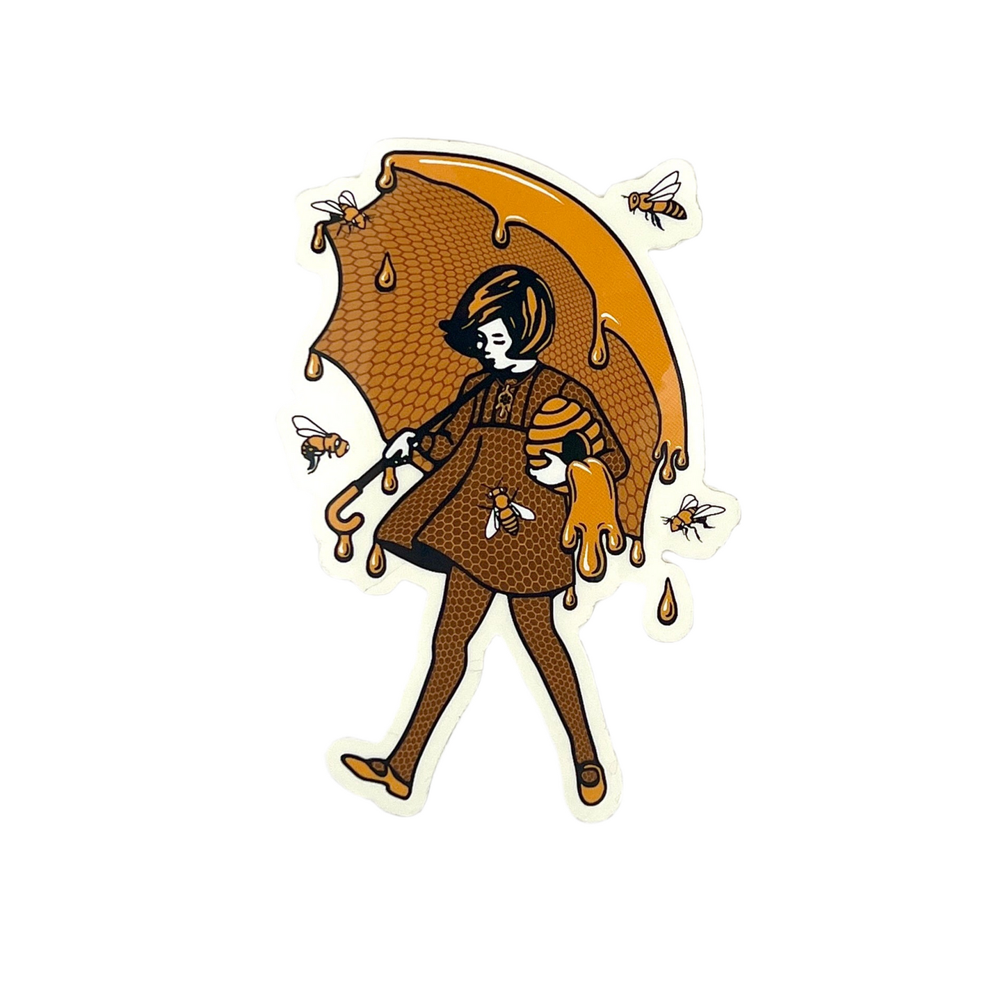 Illustration of a person holding a honey-covered umbrella with bees around, on a white background.