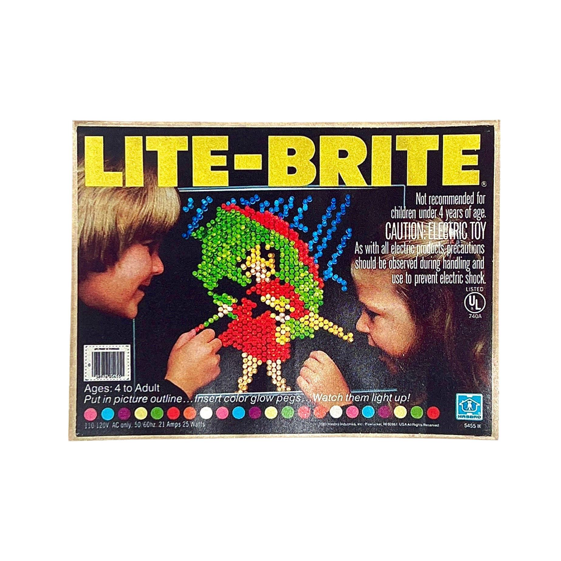 Sticker depicting Lite-Brite toy box with two children playing with it.