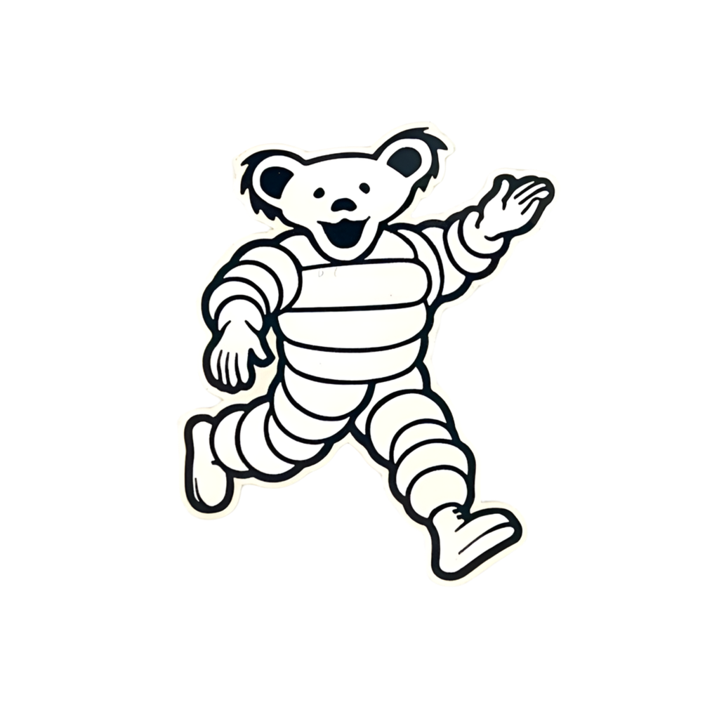 Cartoon bear character in a tire costume on a white background.