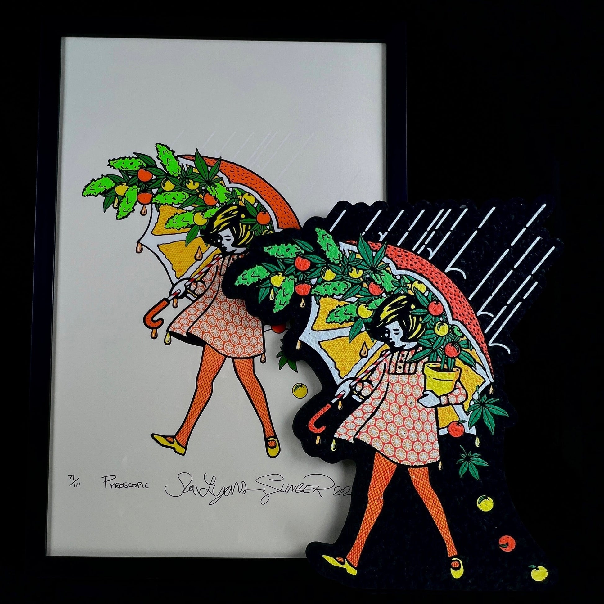 A collectible art piece featuring a character with citrus fruit accessories, released by Slinger Apparel in collaboration with Sam Lyons. The image shows the character on both a print and a moodmat, with a frame included.