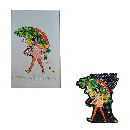 A set of two items featuring a whimsical character design. The first is a print on paper with a grey background showing a character with a green umbrella.