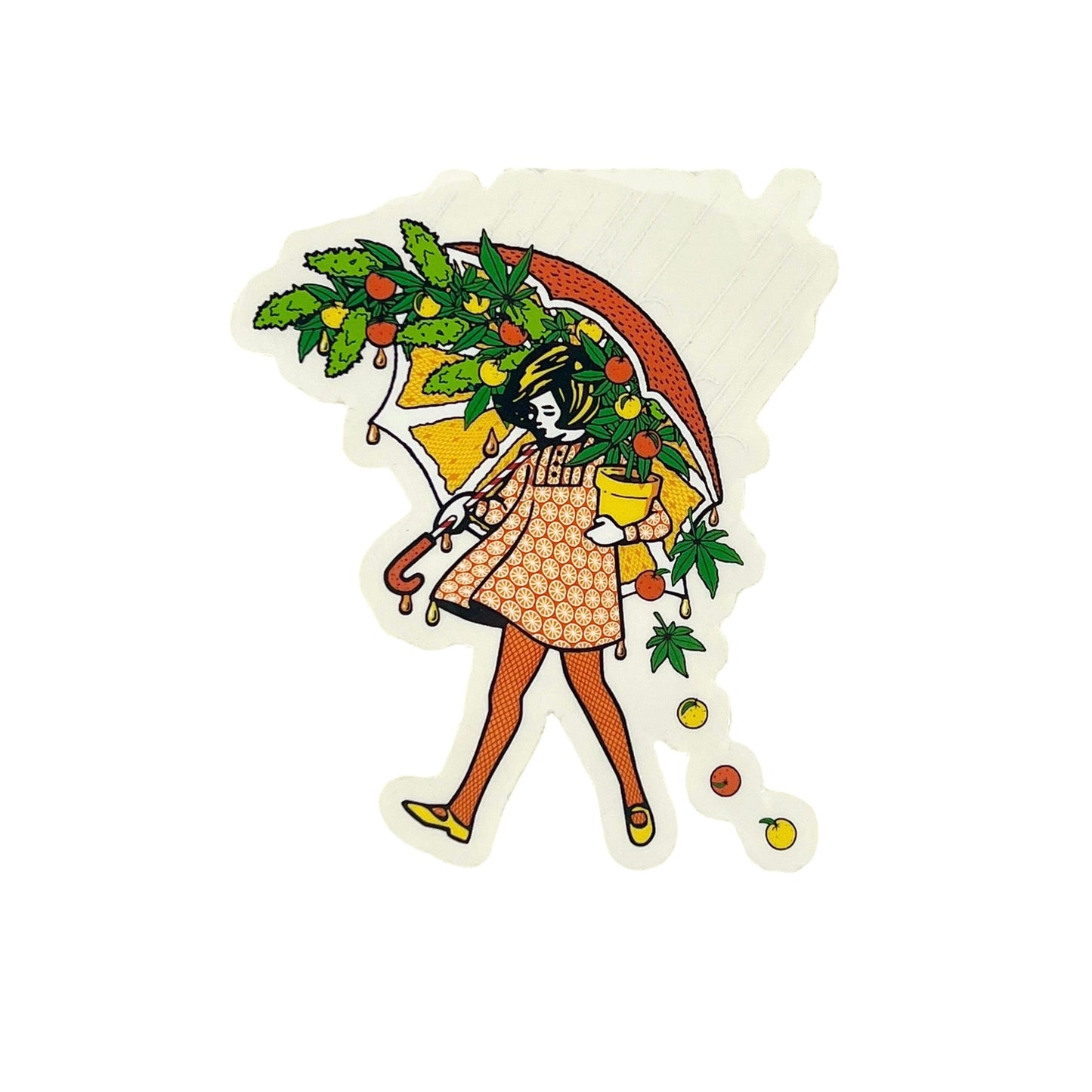 Illustration of a person holding a colorful umbrella with leaves and fruits on a white background.