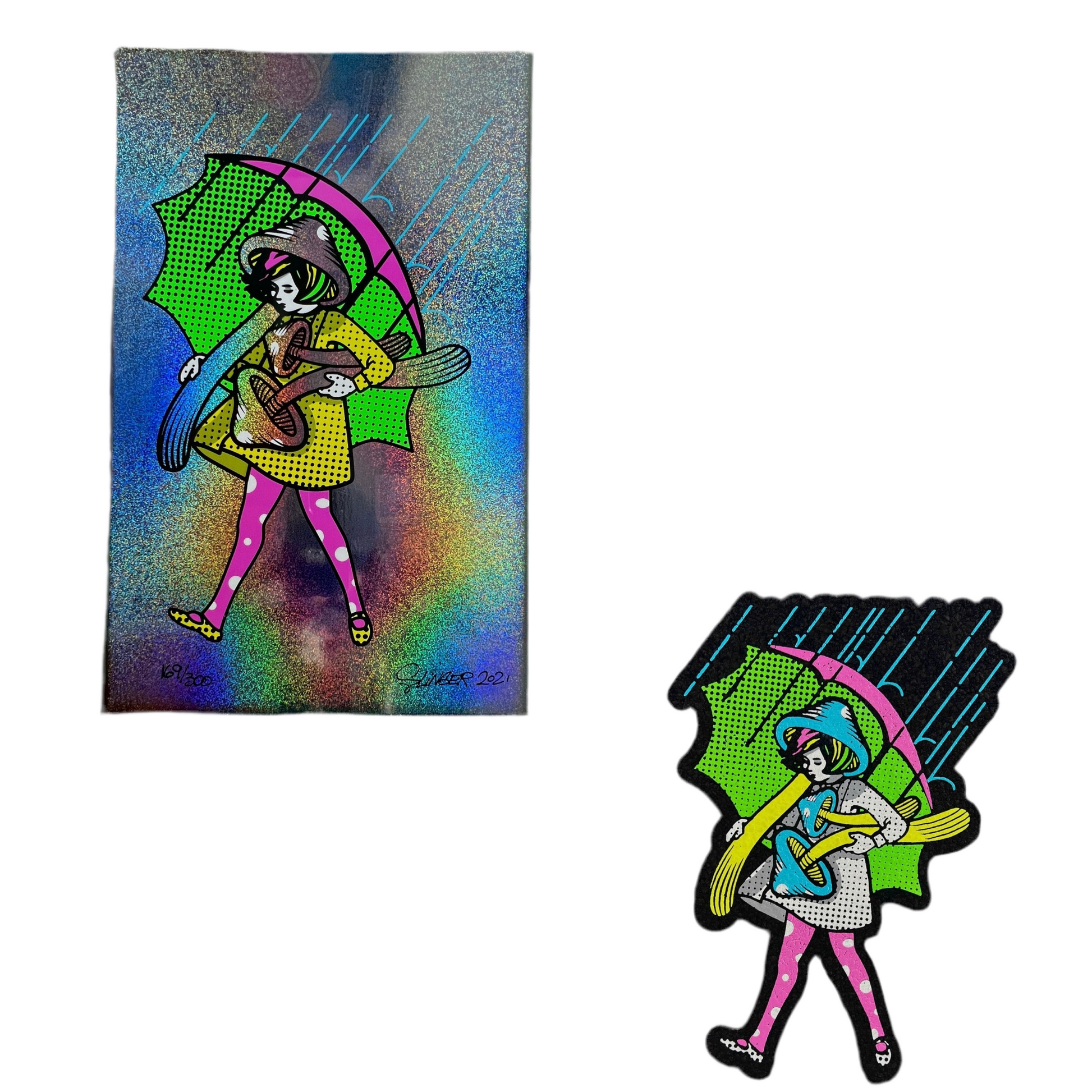 A set showcasing two artistic works featuring a character with a green umbrella. The left image is a mat with a colorful, abstract background and the right image is a print with a similar character against a different background.
