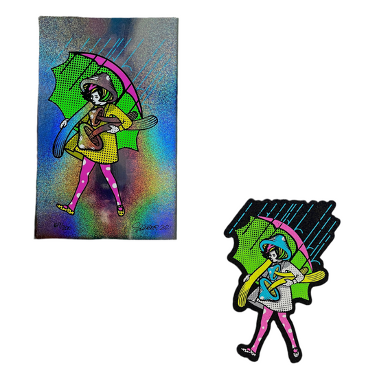 A set showcasing two artistic works featuring a character with a green umbrella. The left image is a mat with a colorful, abstract background and the right image is a print with a similar character against a different background.