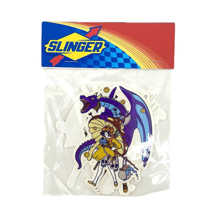 Packaged stickers with a character and dragon design on a white background
