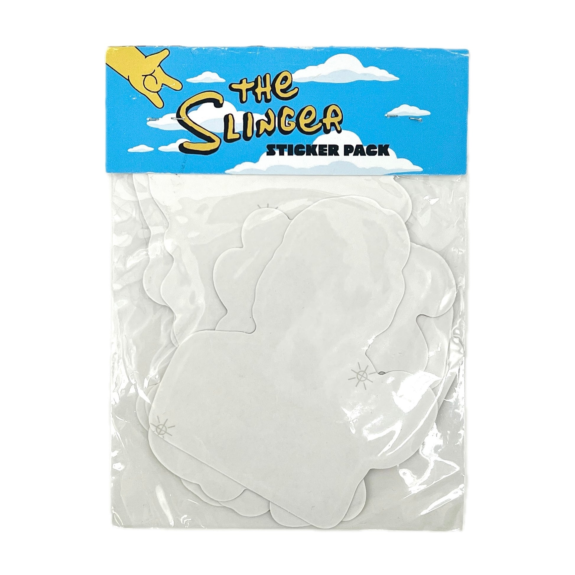 Packaged sticker set with 'The Slinger' branding on a blue background.