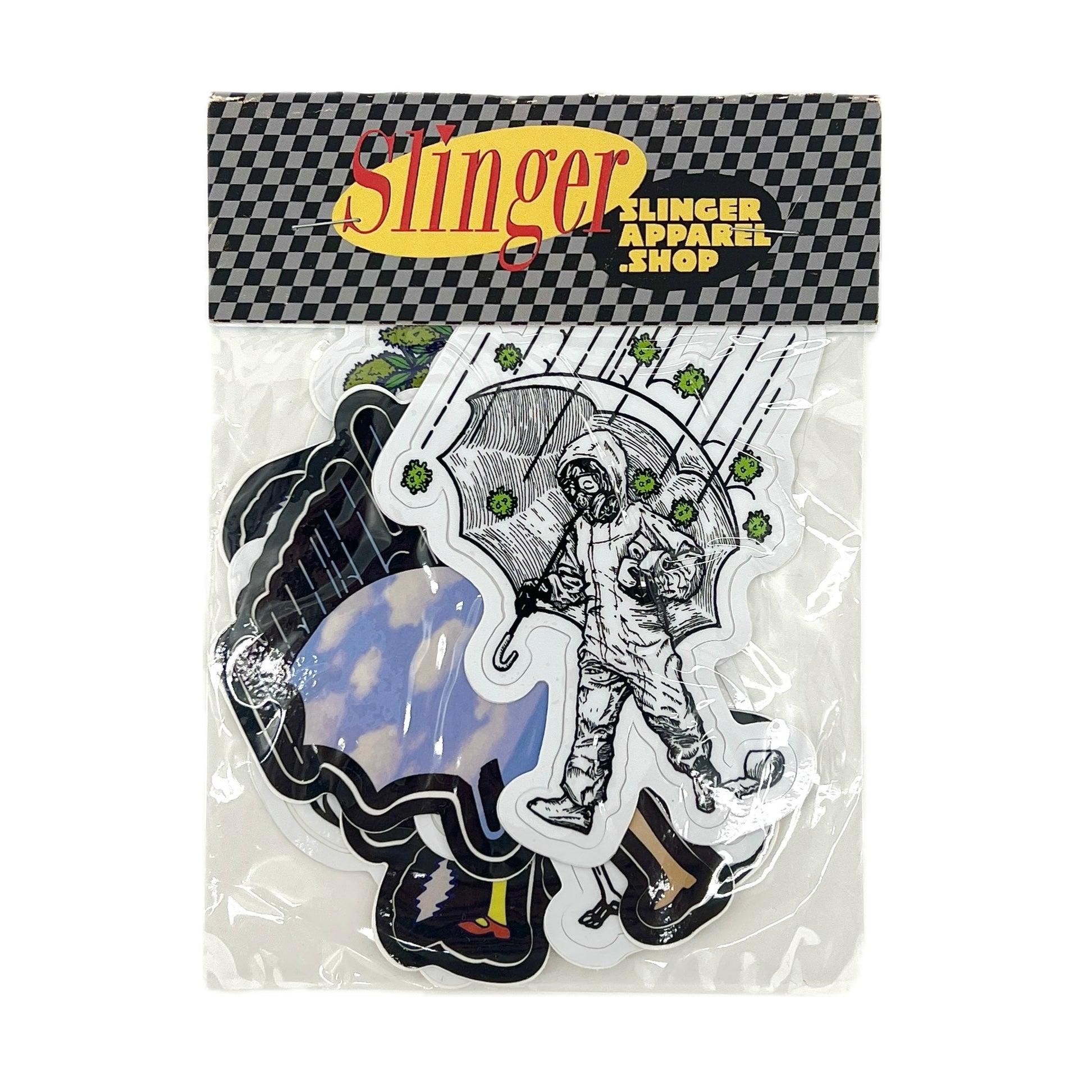 Packaged stickers with a character design on a transparent background, branded 'Slinger Apparel Shop'.