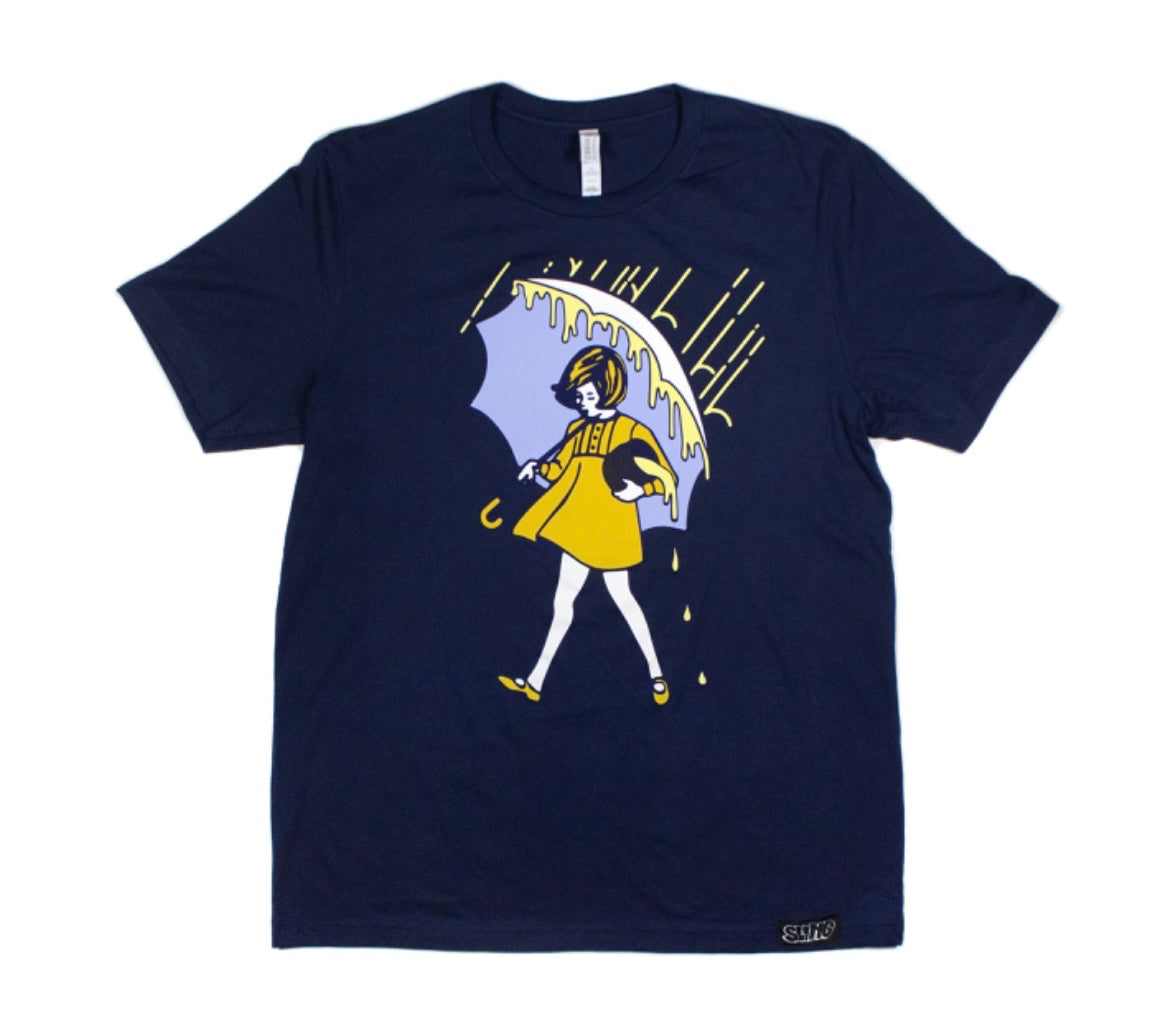 A navy blue t-shirt featuring a graphic print of a person with a umbrella, predominantly in yellow and white colors.