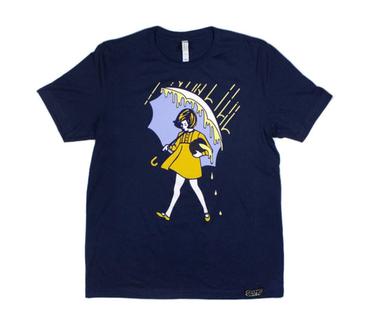A navy blue t-shirt featuring a graphic print of a person with a umbrella, predominantly in yellow and white colors.