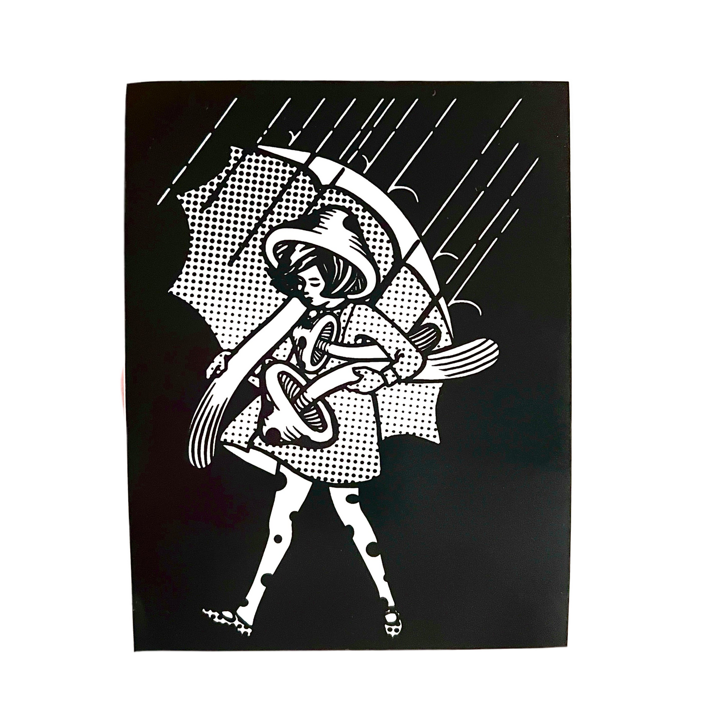 Illustration of a person holding an umbrella with a patterned design on a black background.