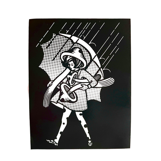 Illustration of a person holding an umbrella with a patterned design on a black background.