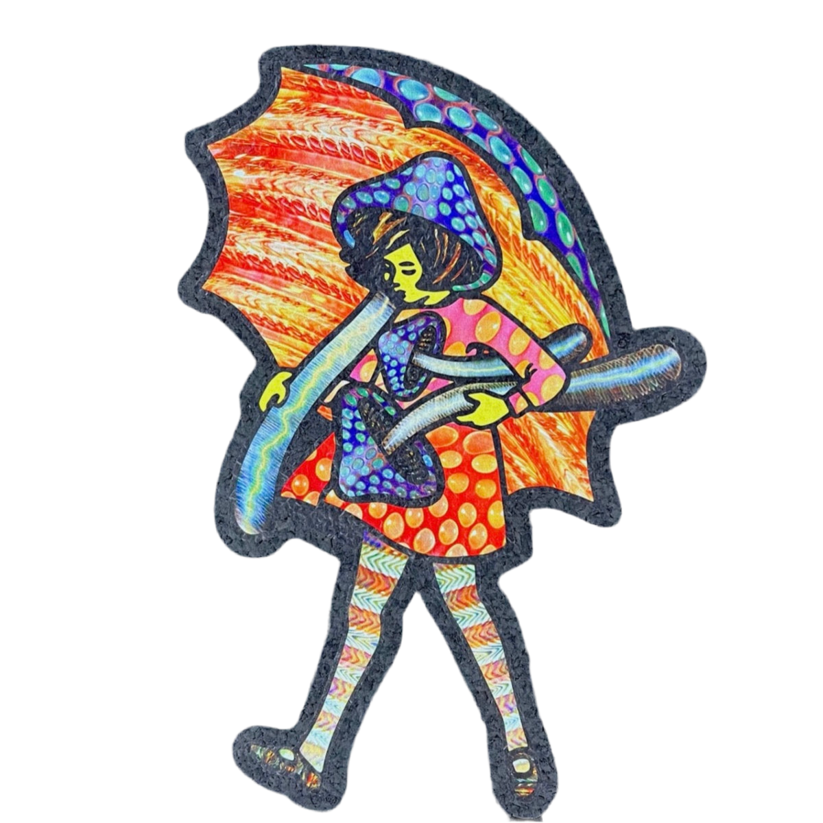 A colorful mat with a whimsical character holding an umbrella with a patterned design.