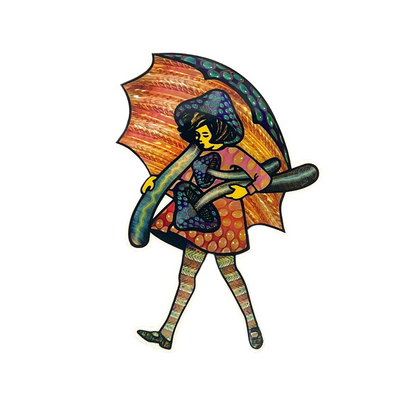 Colorful illustration of a person holding an umbrella on a white background.