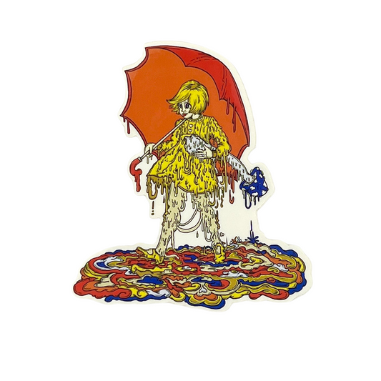 Colorful artwork of a figure with an orange umbrella on a white background.