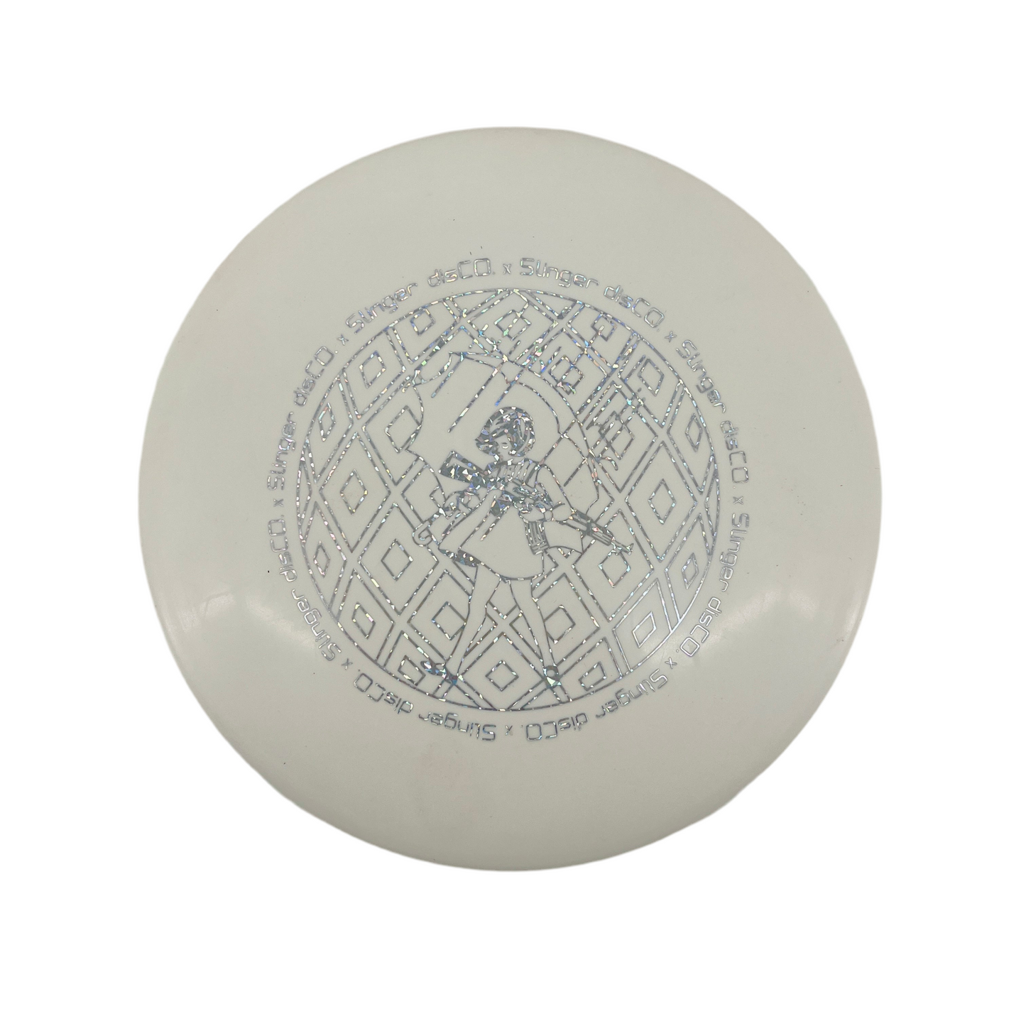 White disc with geometric pattern on a white background.