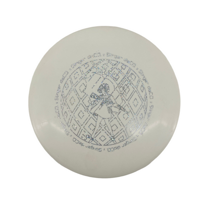 White disc with geometric pattern on a white background.