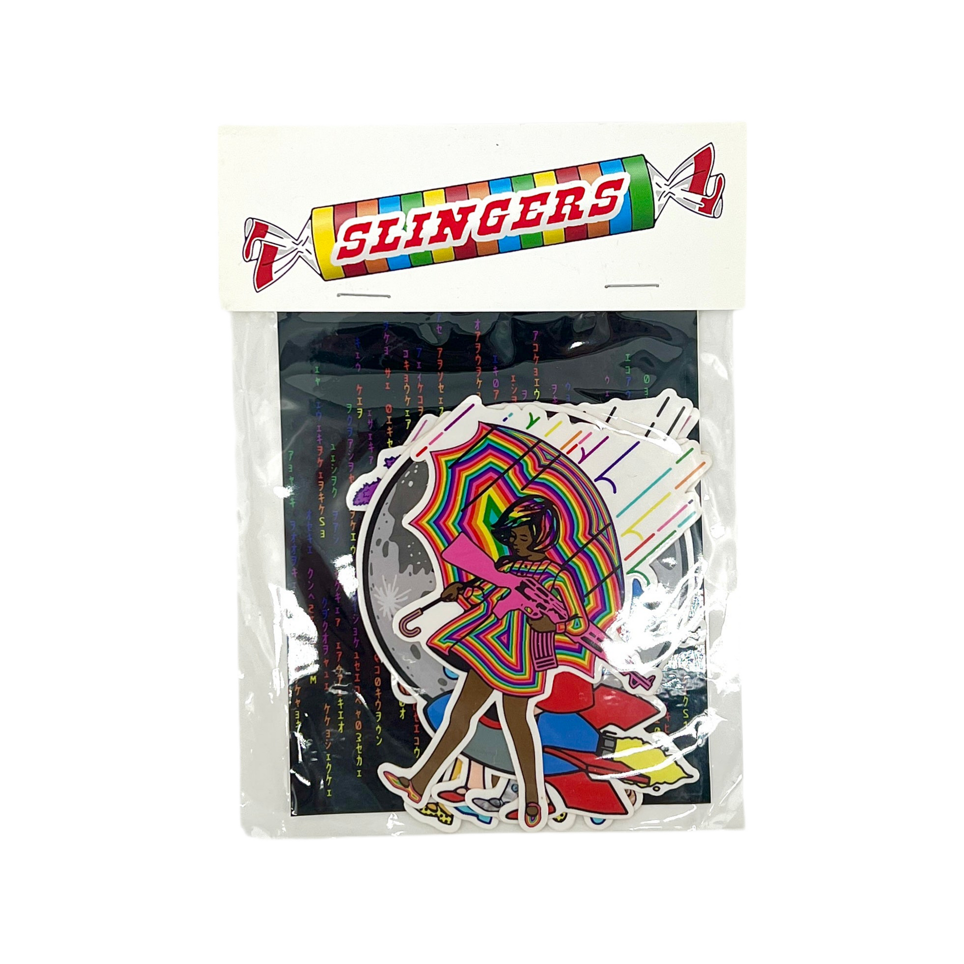 Packaged product with a colorful design featuring a person holding an umbrella, branded 'Slingers'.