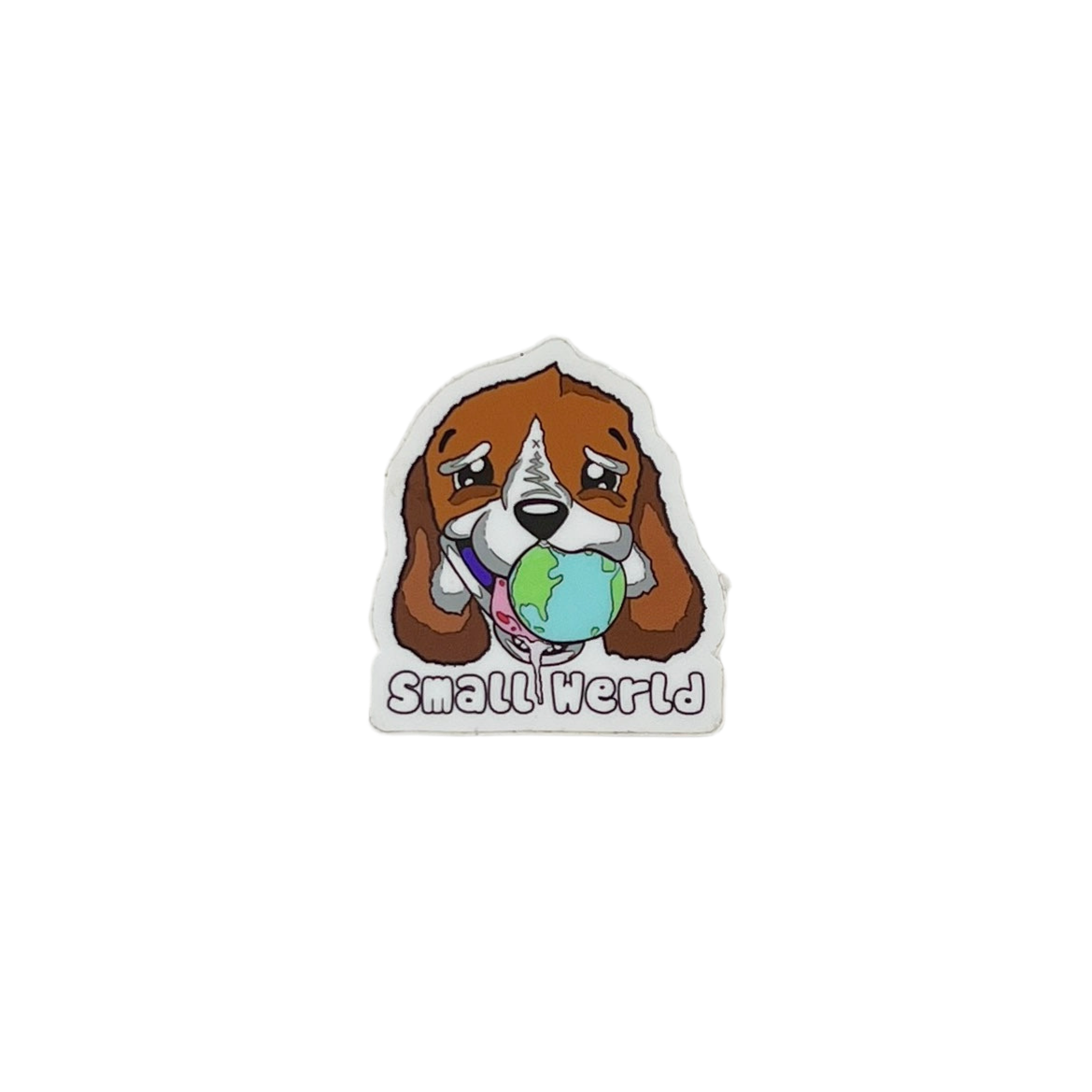 Sticker of a cartoon dog holding a globe with 'Small Werld' text on a white background.