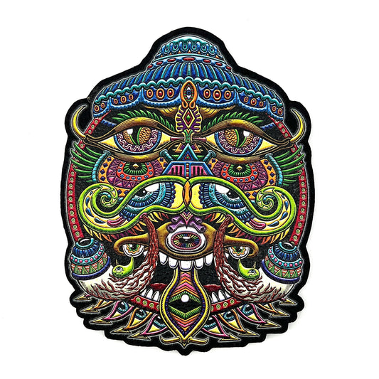 A colorful and patterned mat with a design that includes a snake and human eyes, with a predominantly black outline.