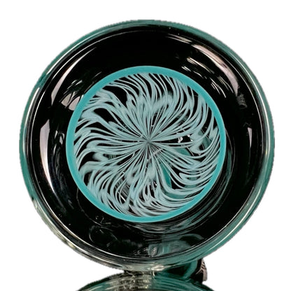 A clear glass pipe with 'Aqua Blue' scribble accents on the base, neck, and down stem, showing a detailed pattern.