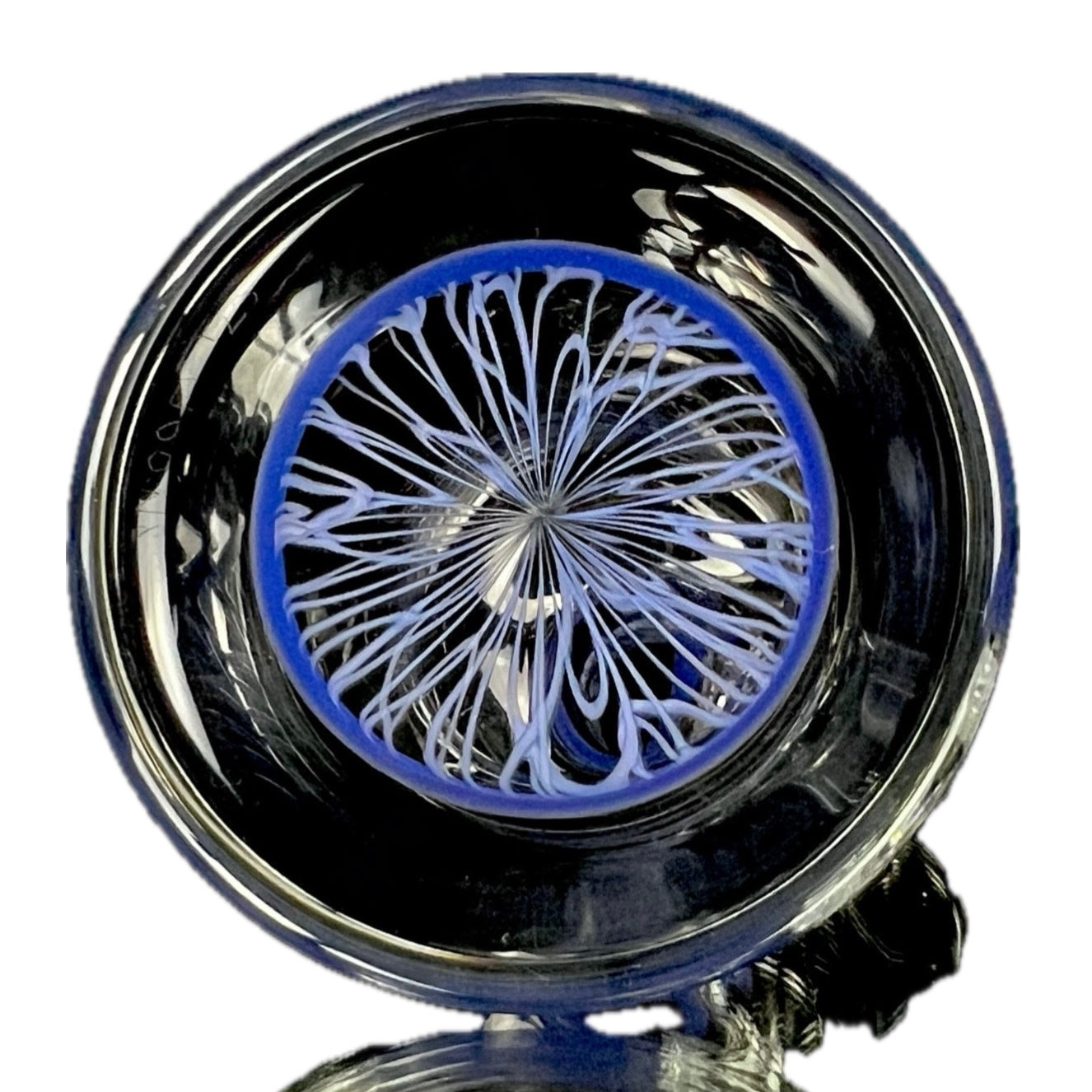 A clear glass pipe with purple scribble accents on the base, neck, and down stem, featuring a bowl for smoking.