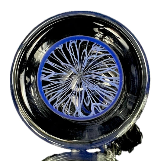 A clear glass pipe with purple scribble accents on the base, neck, and down stem, featuring a bowl for smoking.