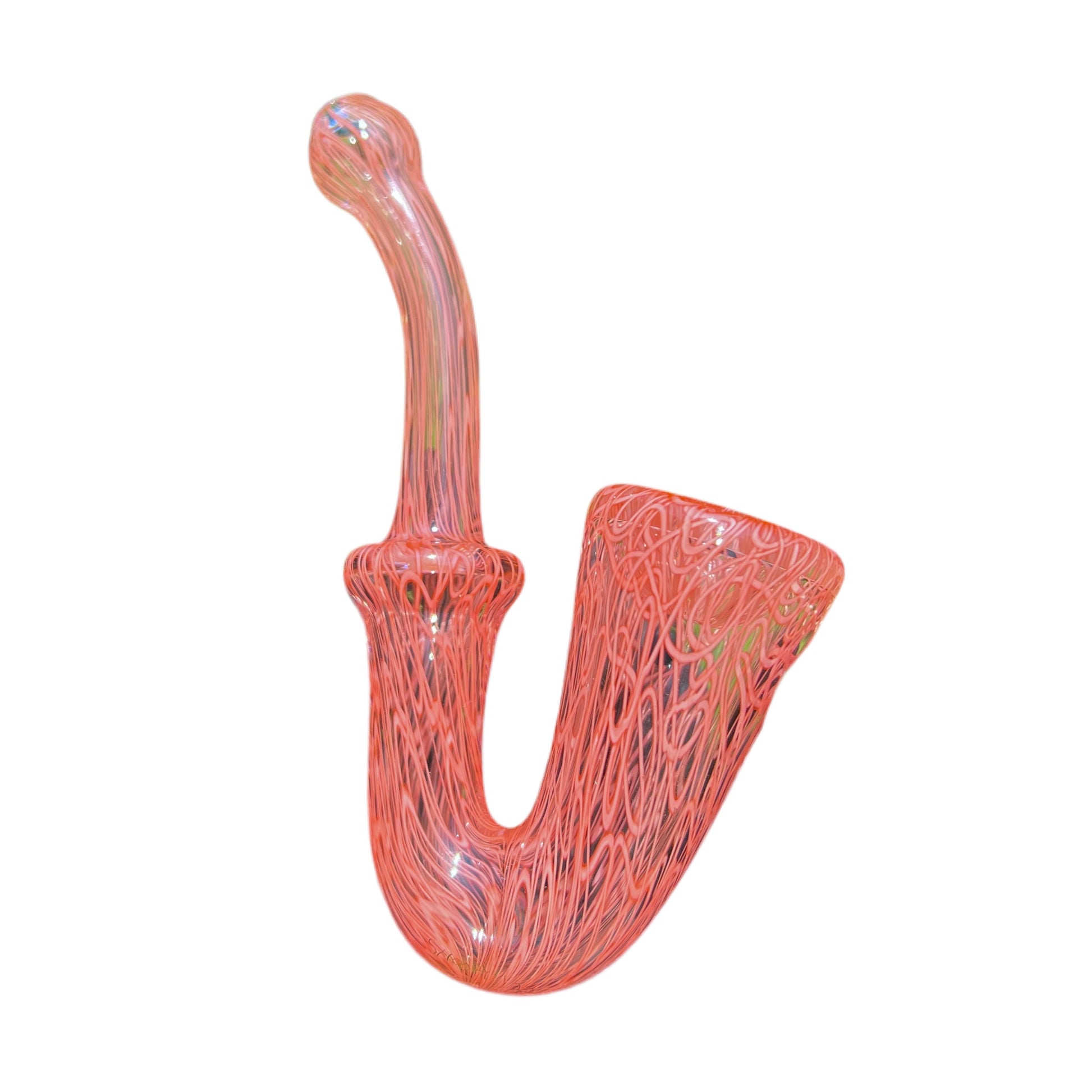 A red glass pipe with a intricate pattern, featuring a bowl and a curved stem.