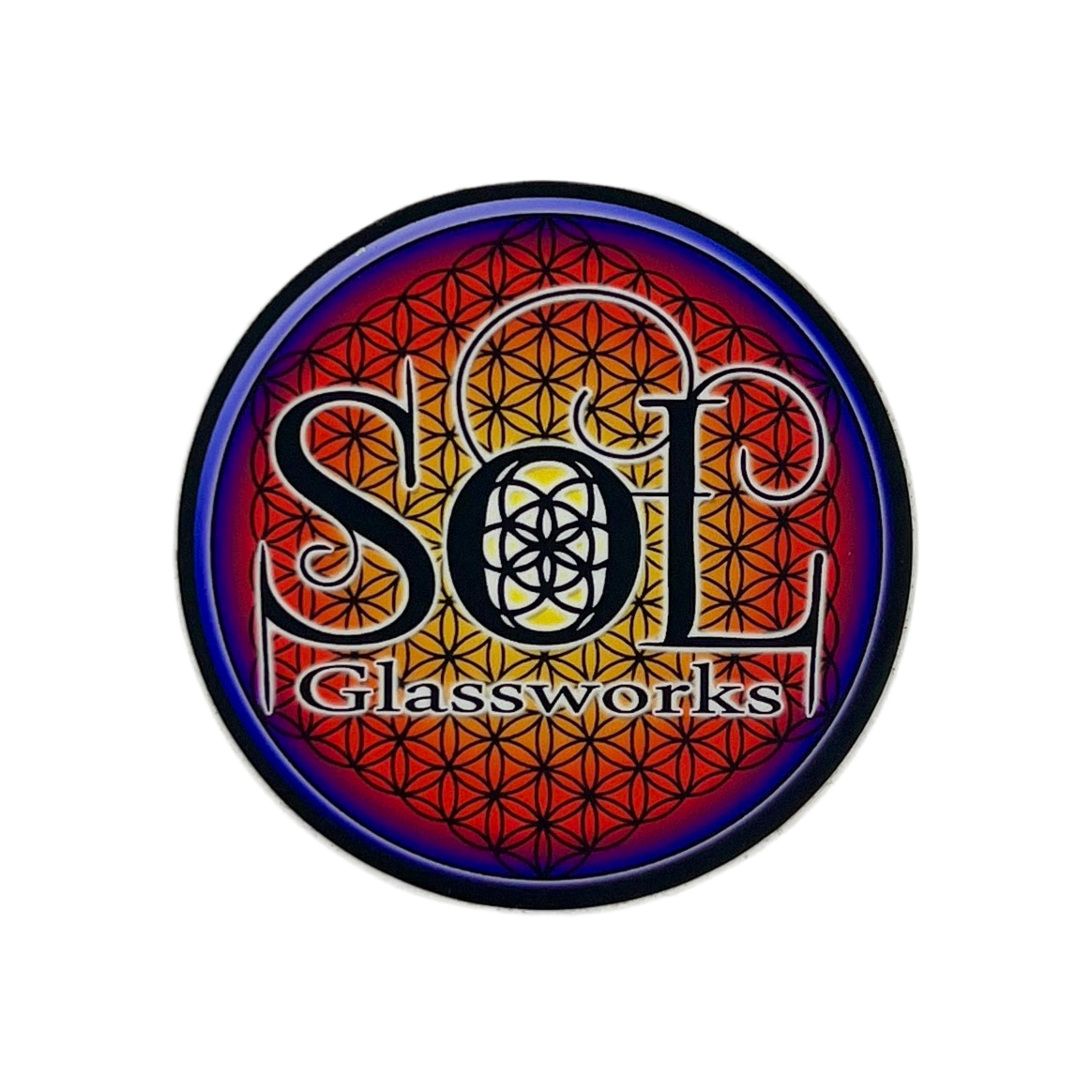 Circular sticker with 'SGL Glassworks' text and geometric design on a white background.