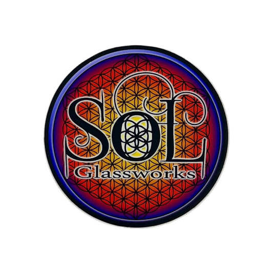 Circular sticker with 'SGL Glassworks' text and geometric design on a white background.