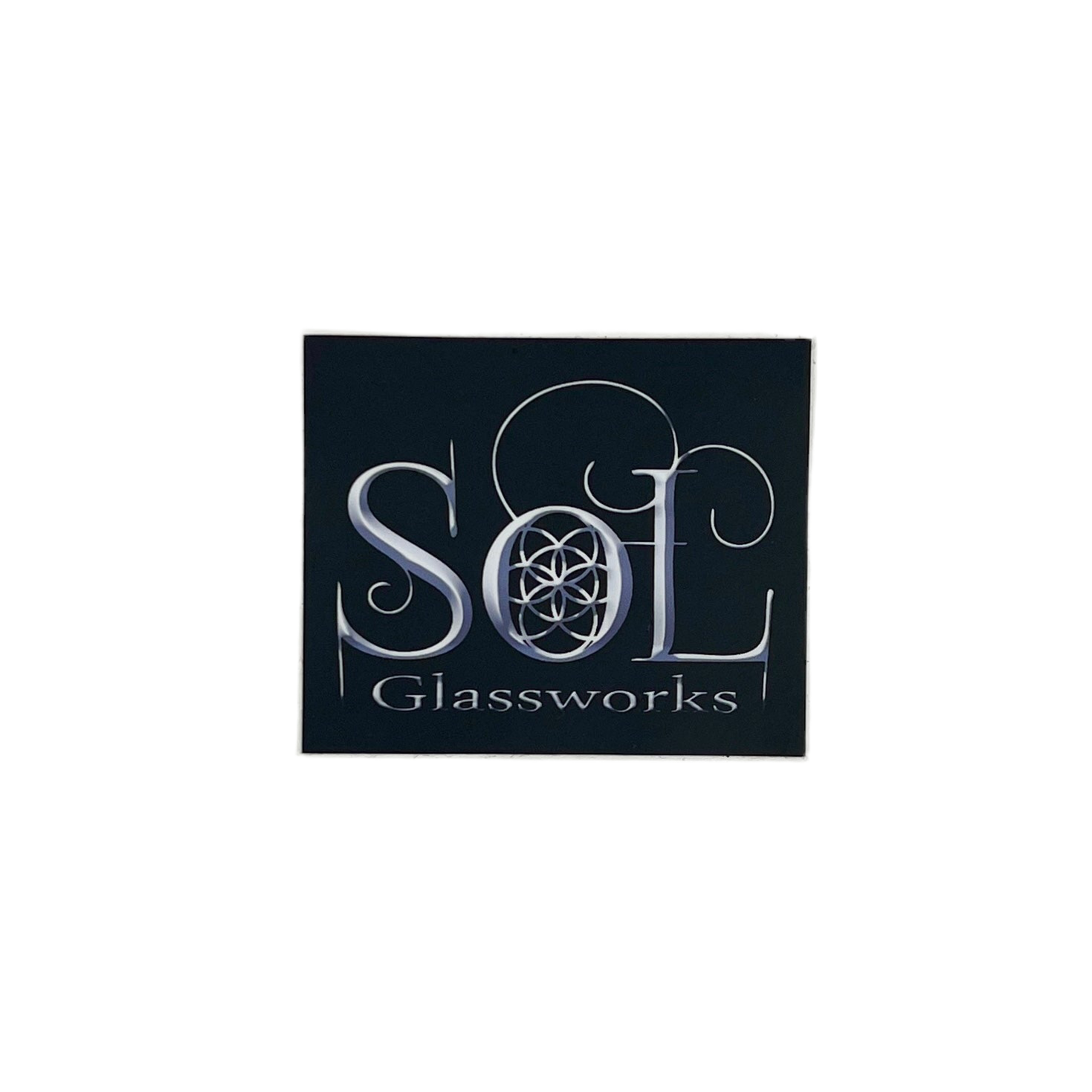 Sticker featuring logo of SOL Glassworks with stylized text on a black background.