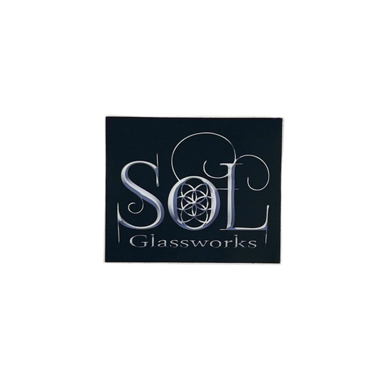 Sticker featuring logo of SOL Glassworks with stylized text on a black background.