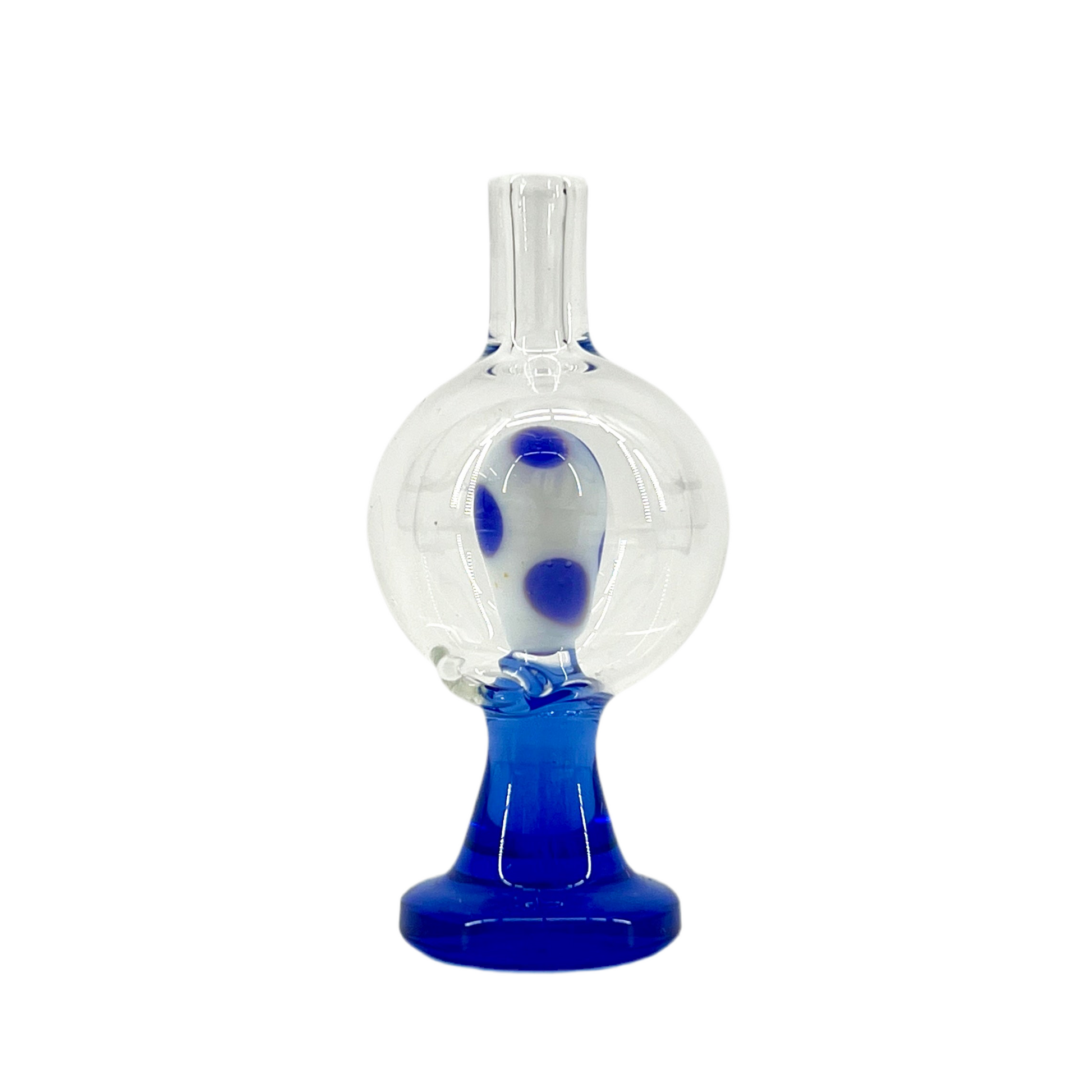 A blue and clear glass bubble cap with a thick glass base and a rounded top.