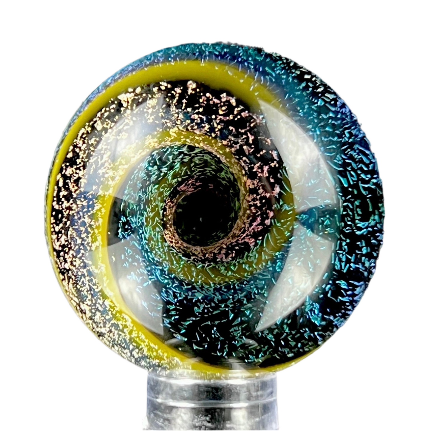 A multicolored glass marble with a swirling pattern, predominantly in blue and yellow hues, displayed against a black background.