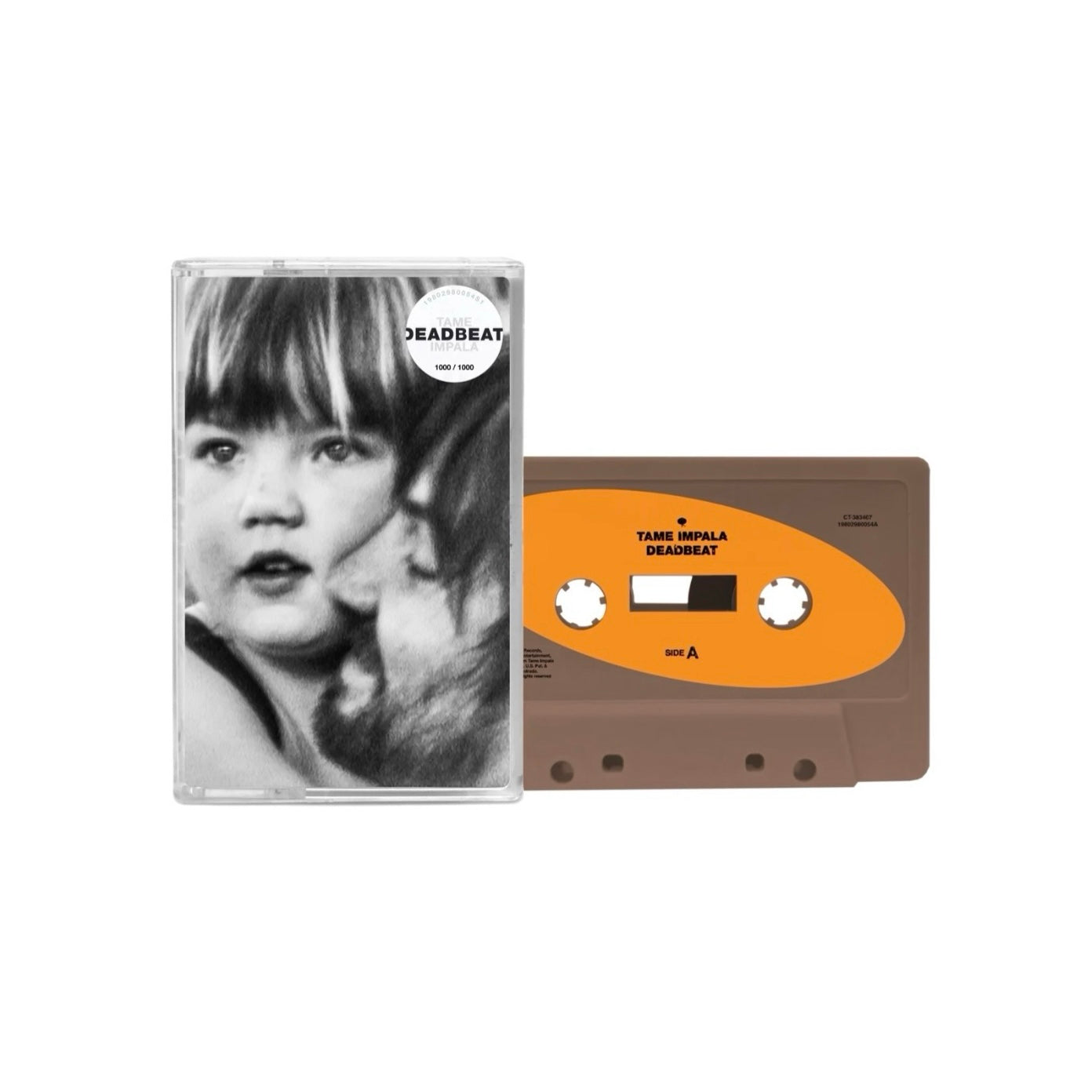 Cassette tape with orange label and clear case featuring a black and white image of a person.