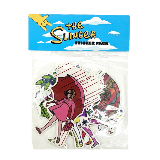 Sticker pack with illustrations of a woman, branded 'The Slinger'.