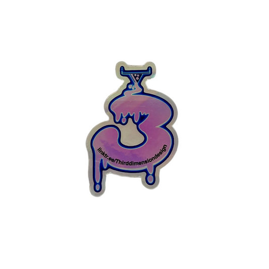 Holographic sticker with a design and text on a white background.