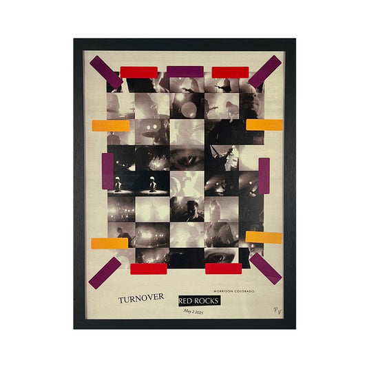 Framed poster with geometric design and text on a white background.