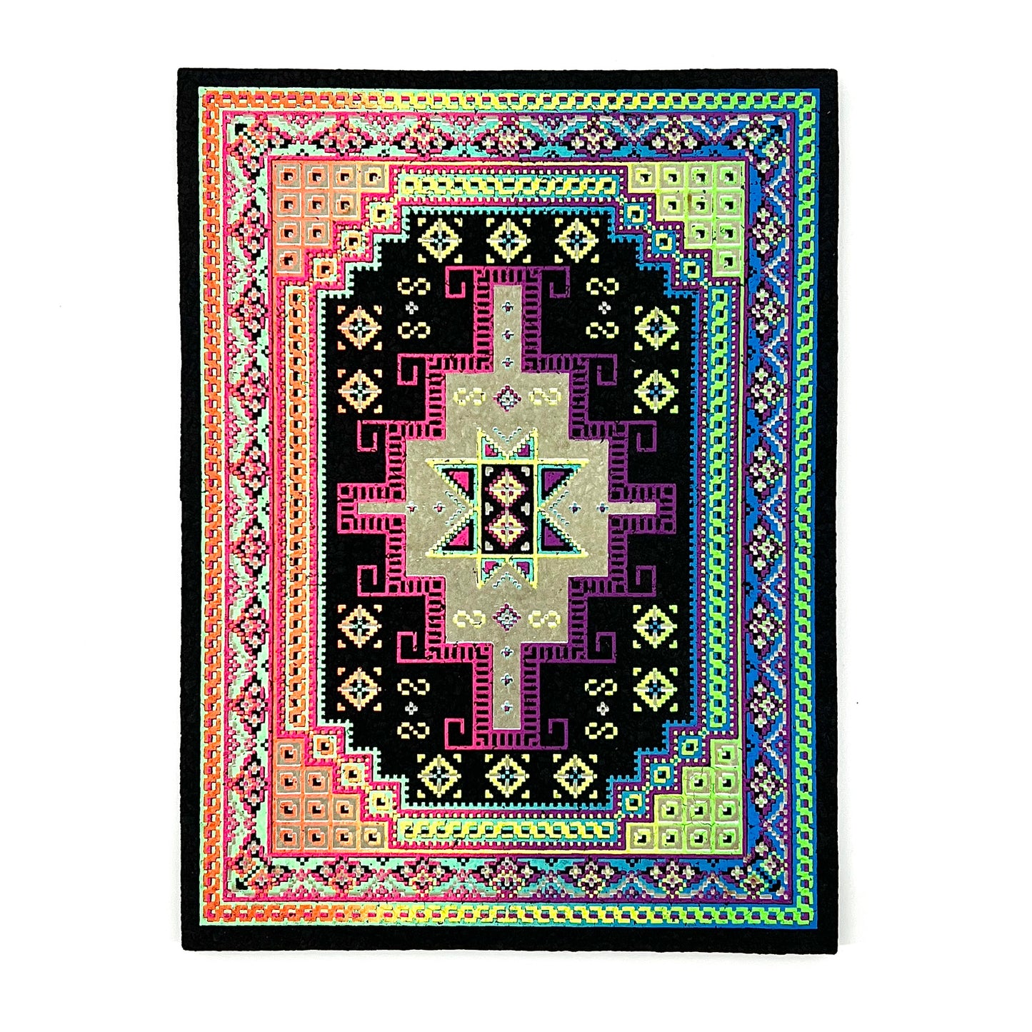 A multicolored geometric patterned rug with a central star-like design, bordered by a traditional pattern in black, purple, green, and yellow.