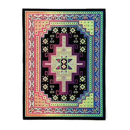 A multicolored geometric patterned rug with a central star-like design, bordered by a traditional pattern in black, purple, green, and yellow.