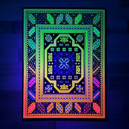 Decorative mat with glowing geometric patterns on a dark background.