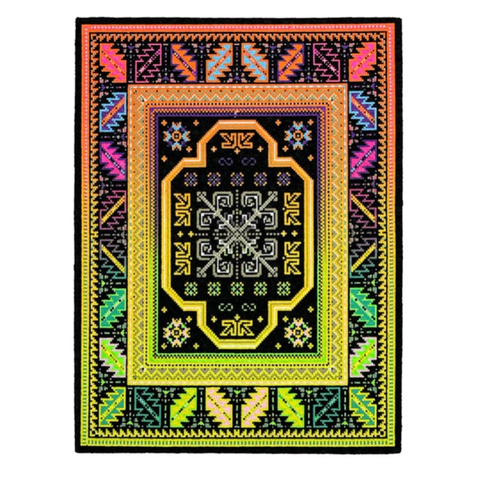 Colorful patterned rug with geometric design on a white background.