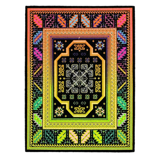 Colorful patterned rug with geometric design on a white background.