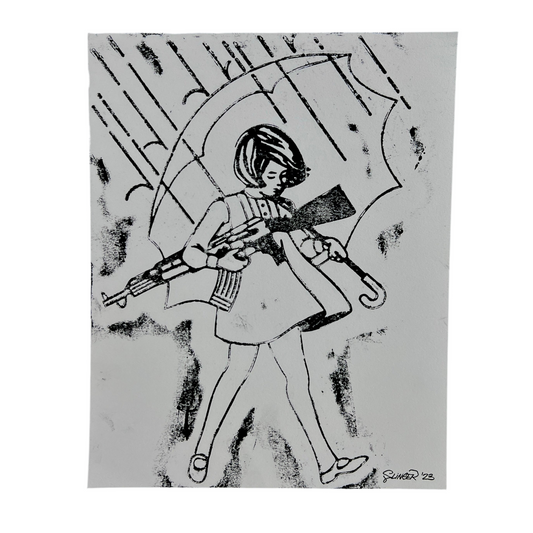A ink on paper artwork depicting a person with a umbrella, signed and dated by the artist.