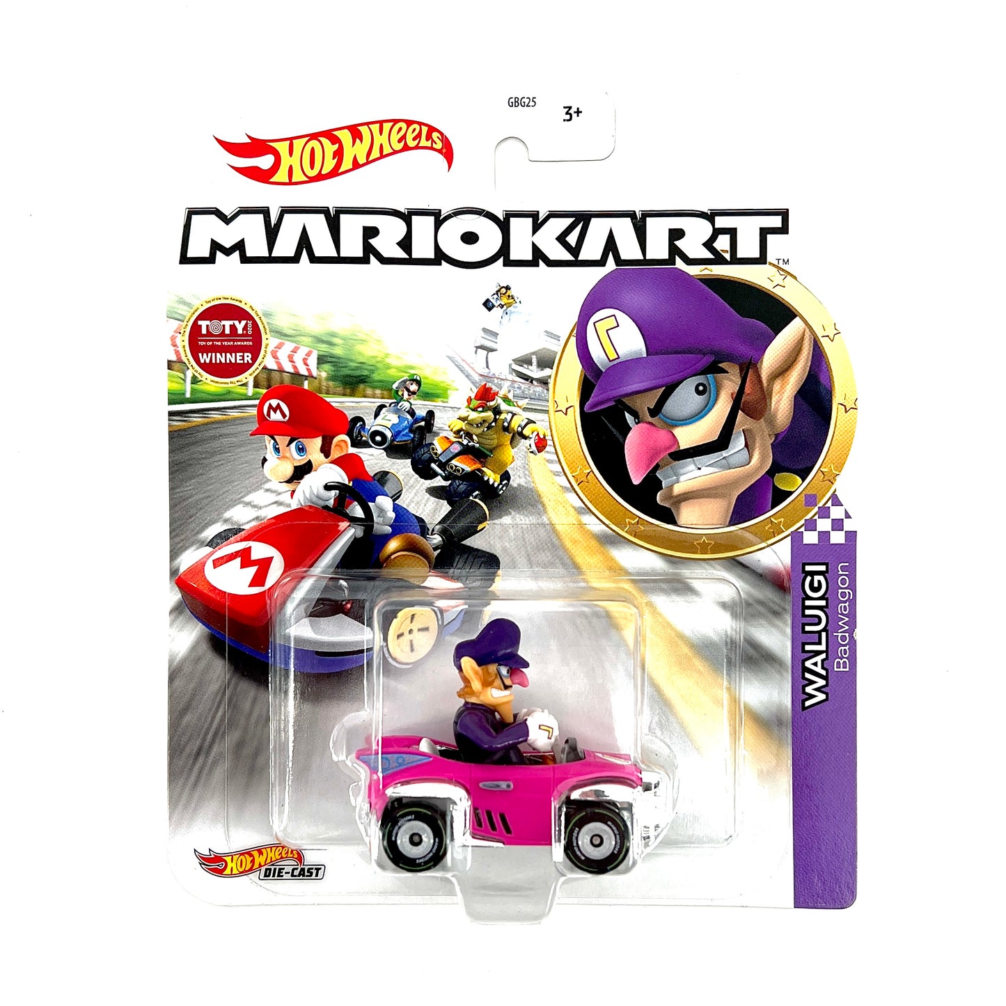 A die-cast toy car replica of Waluigi's vehicle from Mario Kart, in pink color with character details and branding.