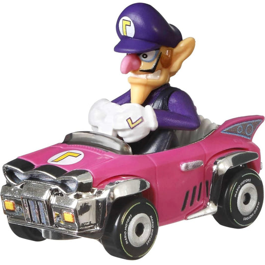 A die-cast toy car replica of Waluigi's vehicle from Mario Kart, in pink color with character details and branding.