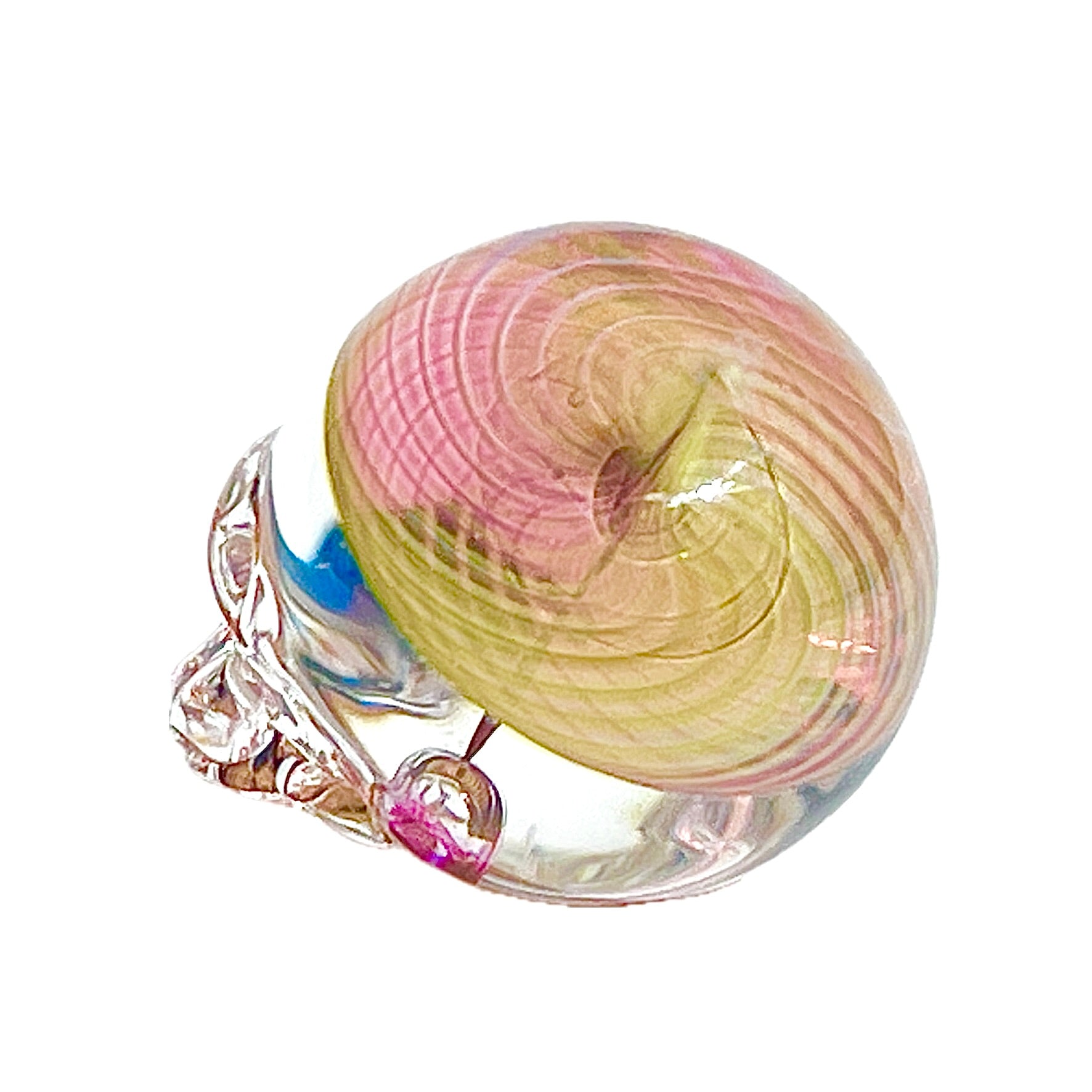 Glass skull with pink and yellow swirl design on a white background