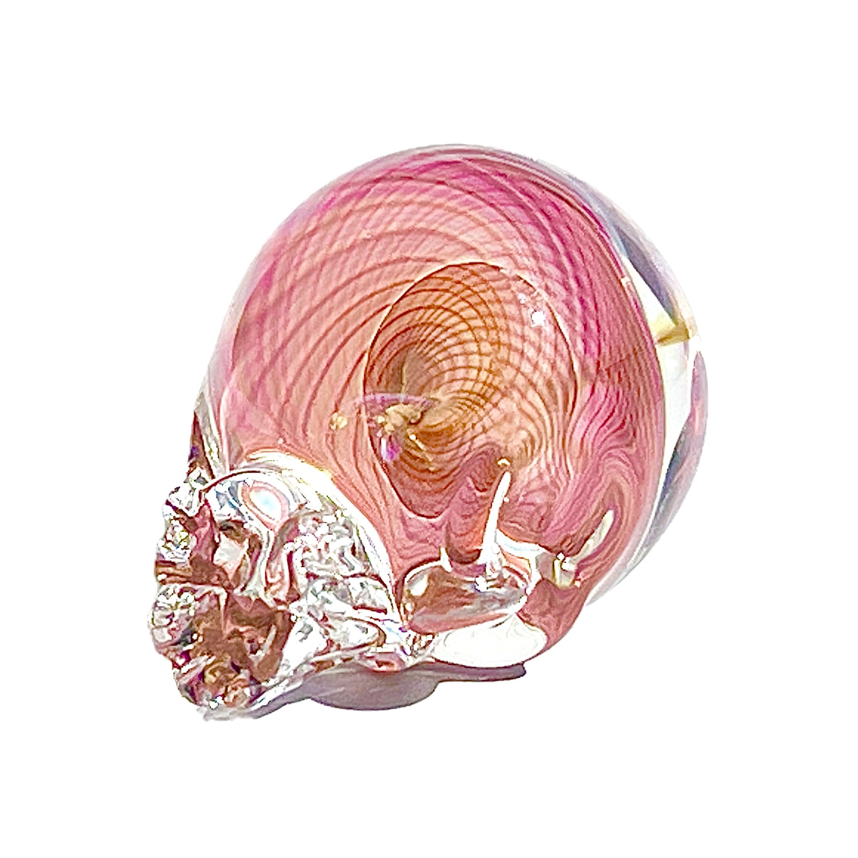 Glass sculpture with pink and clear colors on a white background