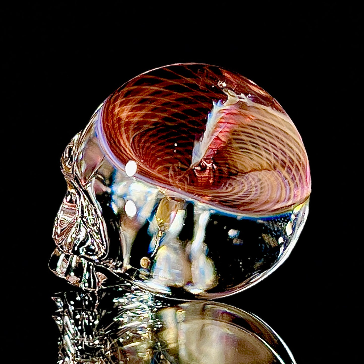Glass skull with a detailed interior design on a black background