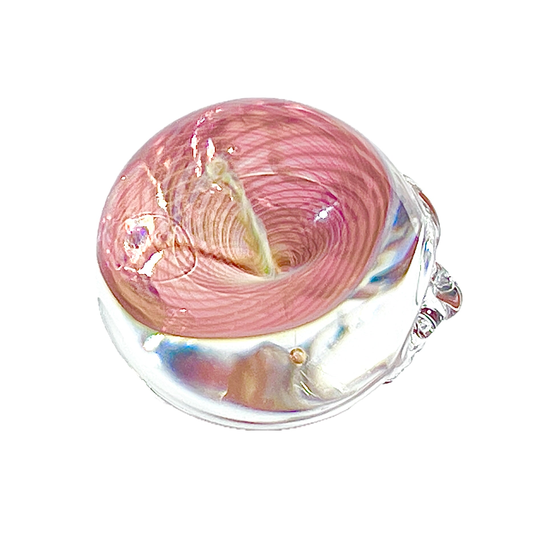 Glass paperweight with pink and clear design on a white background