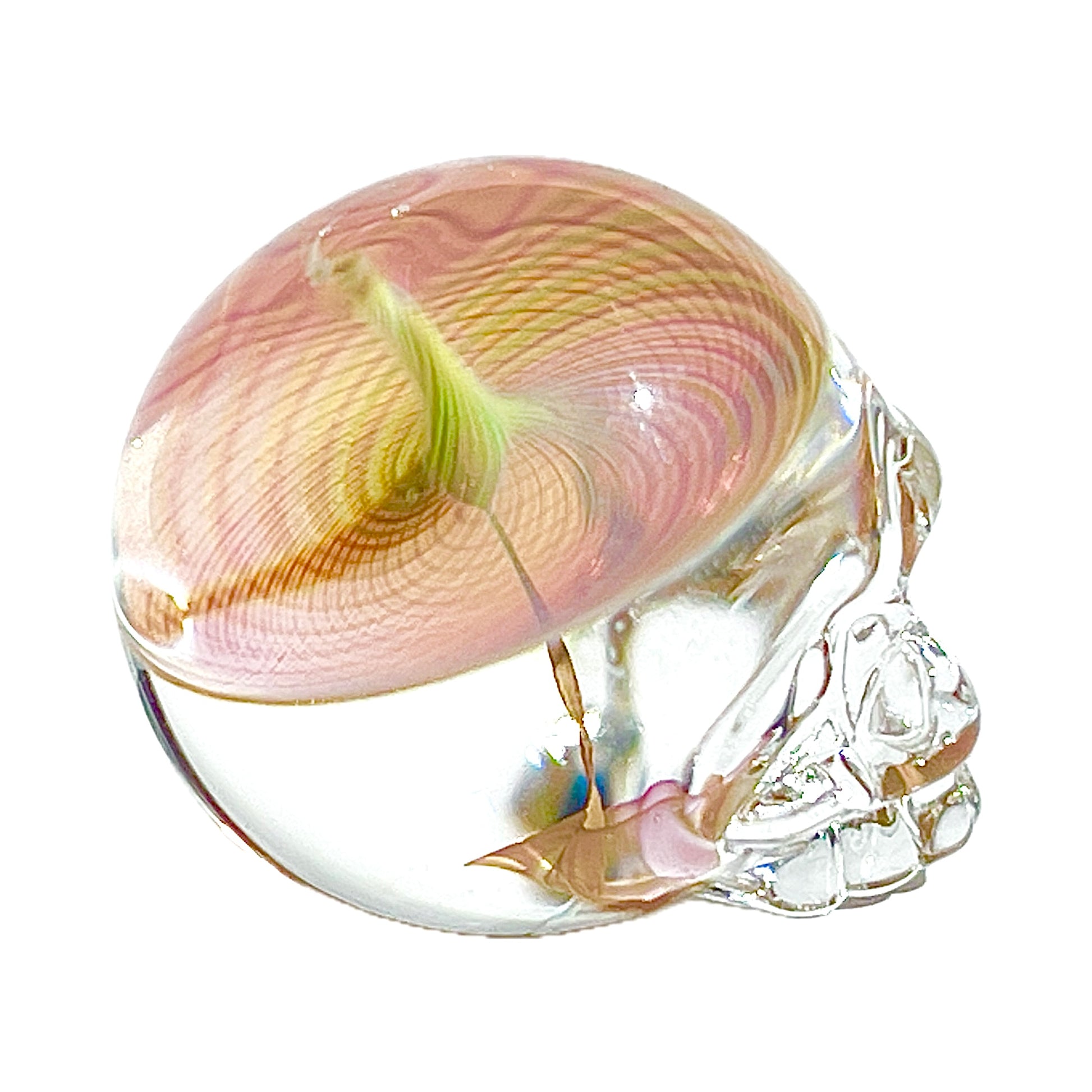 Glass skull with pink and clear design on a white background